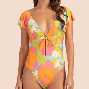 Trina Turk Playa De Flor Flutter Maillot One Piece Swimsuit Size 14 NWOT
